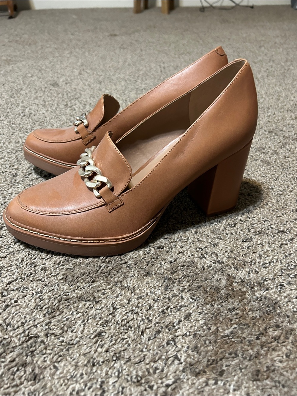 Classic Chain-Accent Tan Block Heel Loafers